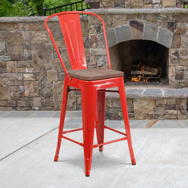 Lily 24" High Red Metal Counter Height Stool with Back and Wood Seat