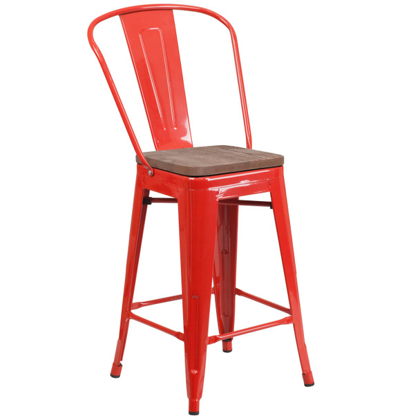 Lily 24" High Red Metal Counter Height Stool with Back and Wood Seat