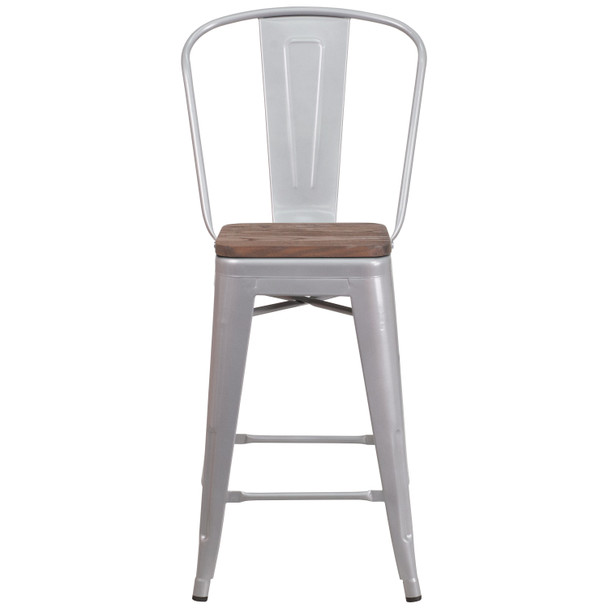 Lily 24" High Silver Metal Counter Height Stool with Back and Wood Seat