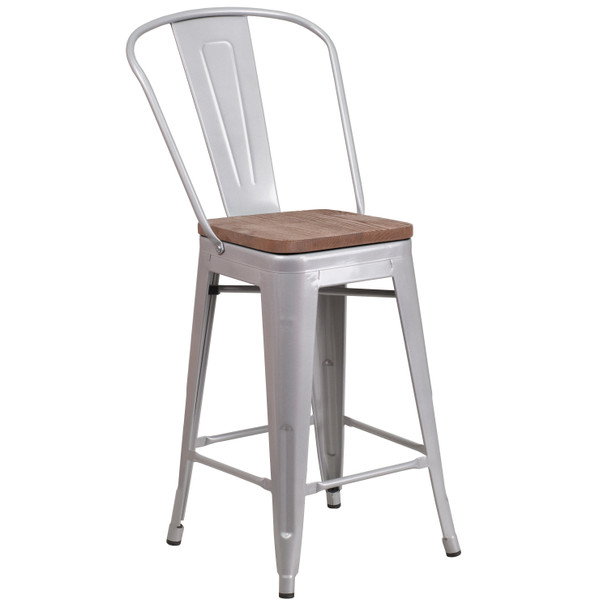 Lily 24" High Silver Metal Counter Height Stool with Back and Wood Seat