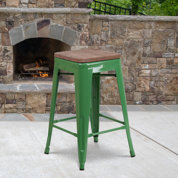 Lily 24" High Backless Green Metal Counter Height Stool with Square Wood Seat