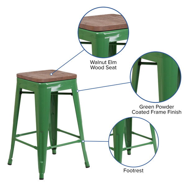 Lily 24" High Backless Green Metal Counter Height Stool with Square Wood Seat