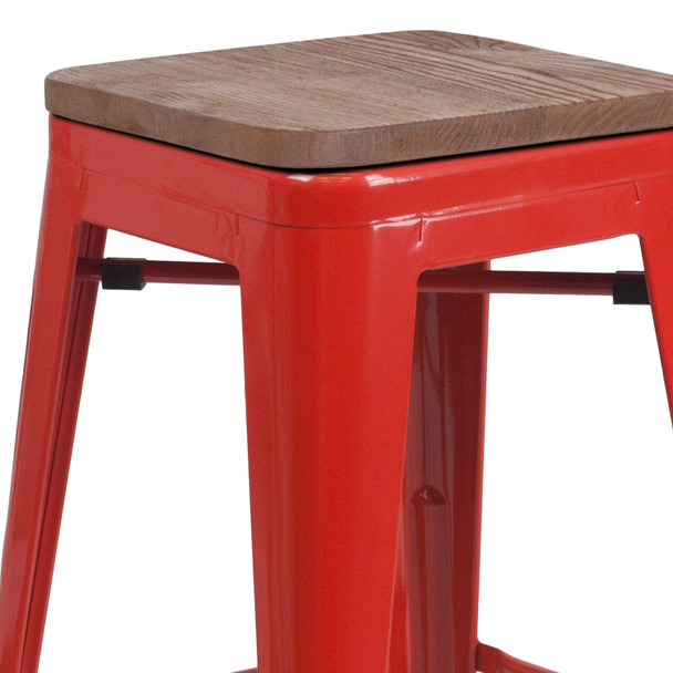 Lily 24" High Backless Red Metal Counter Height Stool with Square Wood Seat