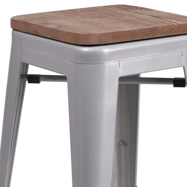 Lily 24" High Backless Silver Metal Counter Height Stool with Square Wood Seat