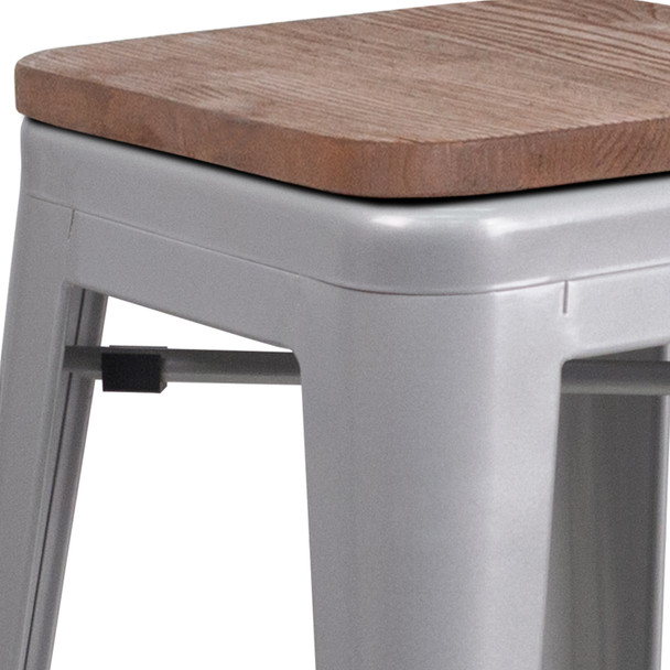 Lily 24" High Backless Silver Metal Counter Height Stool with Square Wood Seat