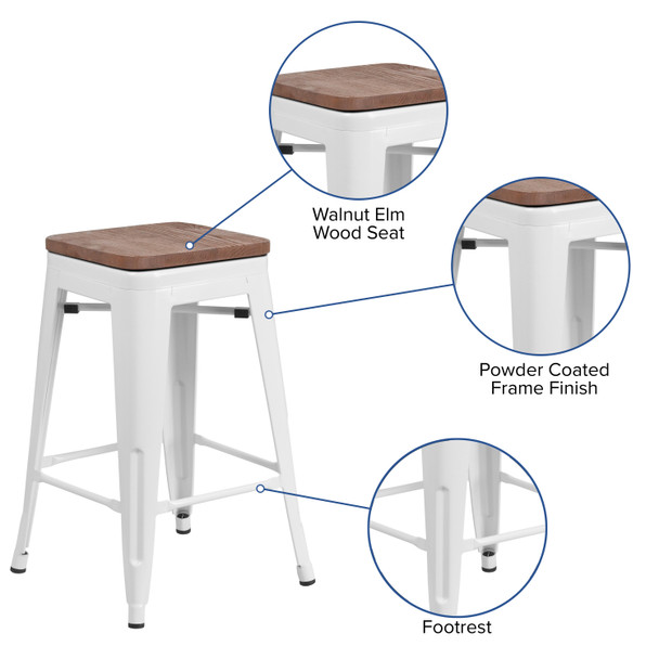 Lily 24" High Backless White Metal Counter Height Stool with Square Wood Seat
