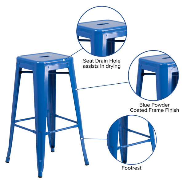 Kai Commercial Grade 30" High Backless Blue Metal Indoor-Outdoor Barstool with Square Seat