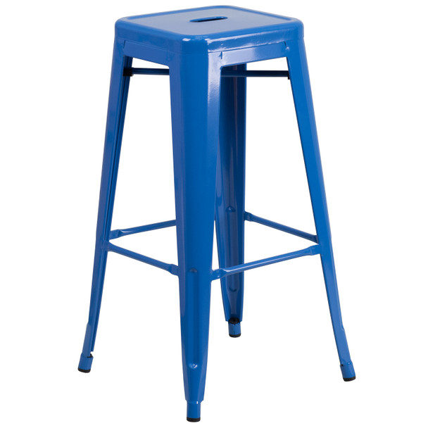 Kai Commercial Grade 30" High Backless Blue Metal Indoor-Outdoor Barstool with Square Seat