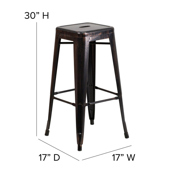 Kai Commercial Grade 30" High Backless Black-Antique Gold Metal Indoor-Outdoor Barstool with Square Seat