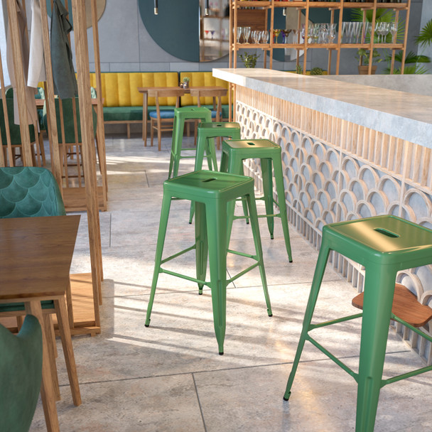 Kai Commercial Grade 30" High Backless Green Metal Indoor-Outdoor Barstool with Square Seat