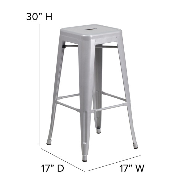 Kai Commercial Grade 30" High Backless Silver Metal Indoor-Outdoor Barstool with Square Seat