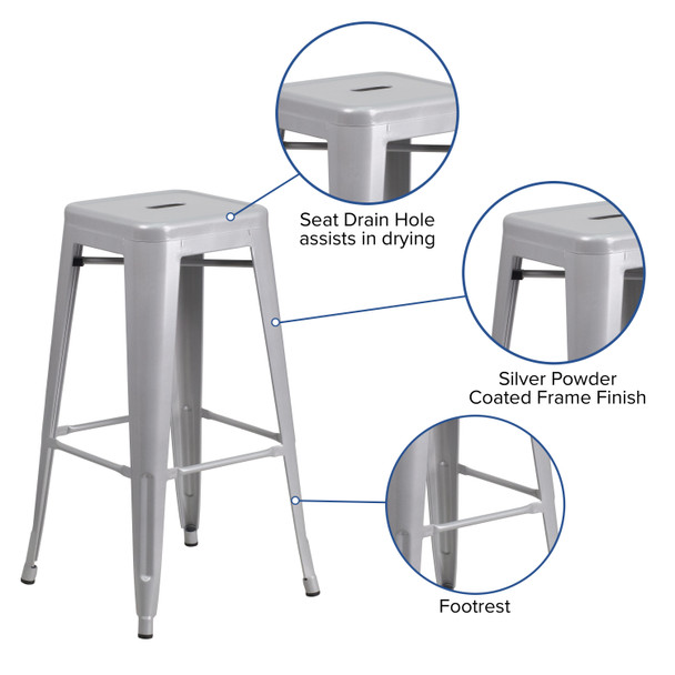 Kai Commercial Grade 30" High Backless Silver Metal Indoor-Outdoor Barstool with Square Seat