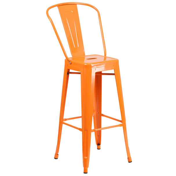 Kai Commercial Grade 30" High Orange Metal Indoor-Outdoor Barstool with Removable Back