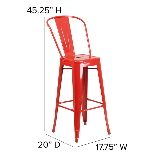 Kai Commercial Grade 30" High Red Metal Indoor-Outdoor Barstool with Removable Back