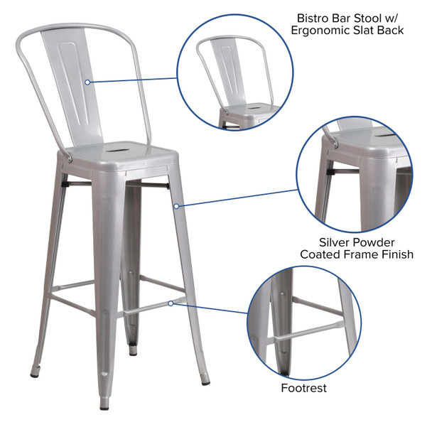 Kai Commercial Grade 30" High Silver Metal Indoor-Outdoor Barstool with Removable Back