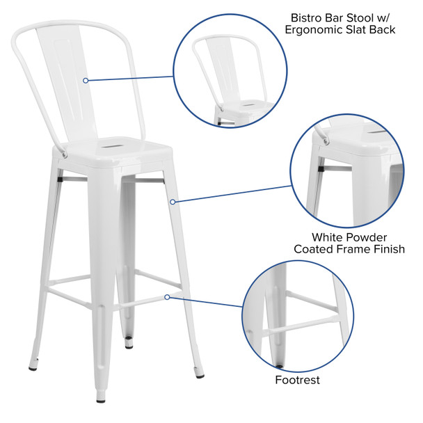 Kai Commercial Grade 30" High White Metal Indoor-Outdoor Barstool with Removable Back