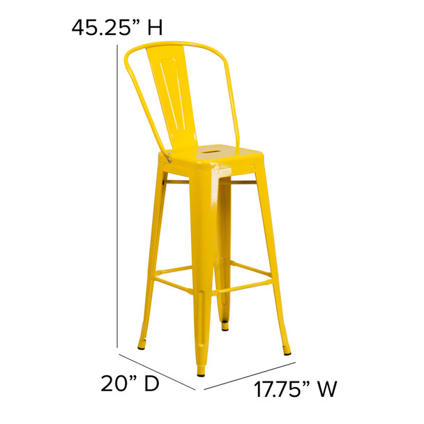 Kai Commercial Grade 30" High Yellow Metal Indoor-Outdoor Barstool with Removable Back