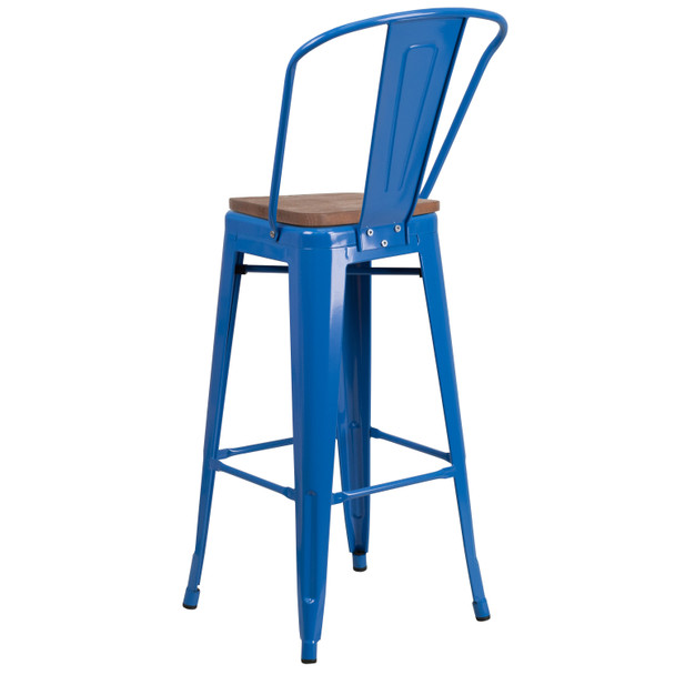 Lily 30" High Blue Metal Barstool with Back and Wood Seat
