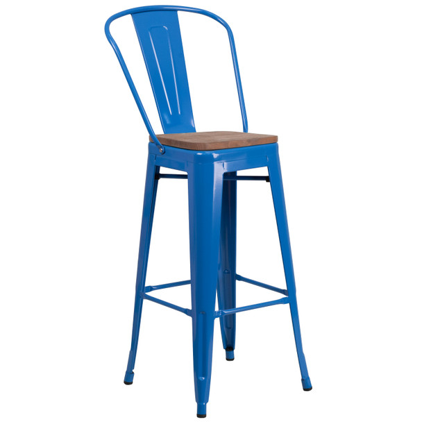 Lily 30" High Blue Metal Barstool with Back and Wood Seat