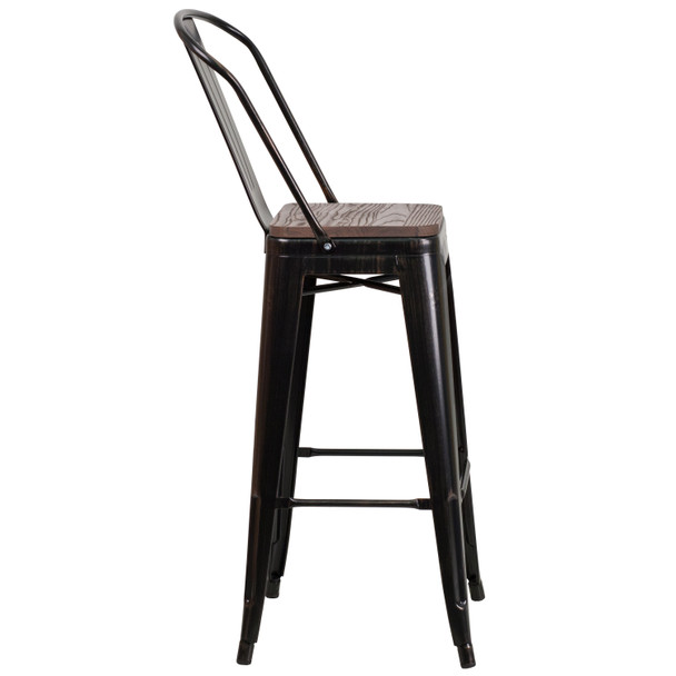 Lily 30" High Black-Antique Gold Metal Barstool with Back and Wood Seat