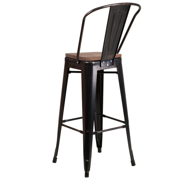 Lily 30" High Black-Antique Gold Metal Barstool with Back and Wood Seat