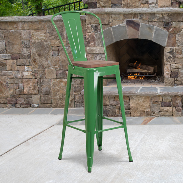 Lily 30" High Green Metal Barstool with Back and Wood Seat