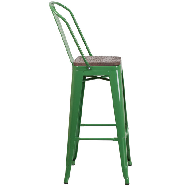 Lily 30" High Green Metal Barstool with Back and Wood Seat