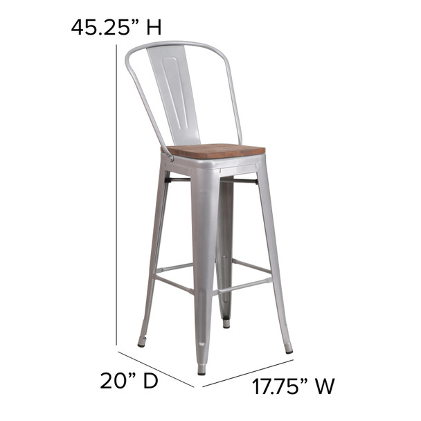 Lily 30" High Silver Metal Barstool with Back and Wood Seat