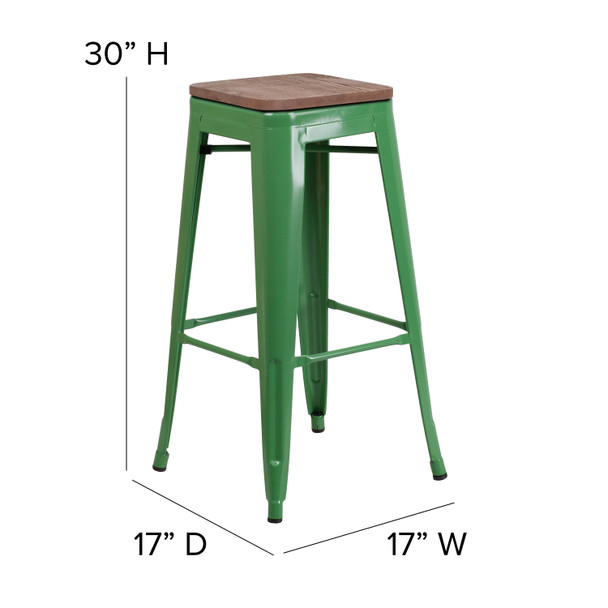 Lily 30" High Backless Green Metal Barstool with Square Wood Seat