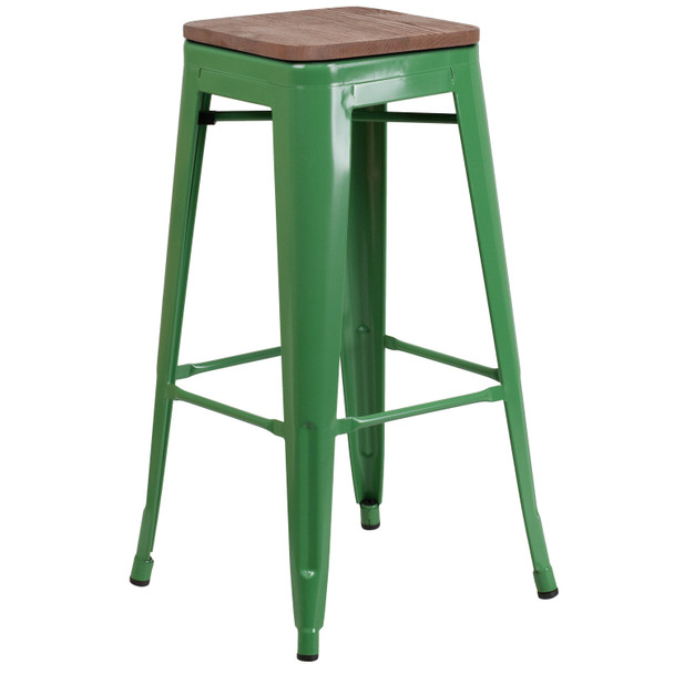 Lily 30" High Backless Green Metal Barstool with Square Wood Seat