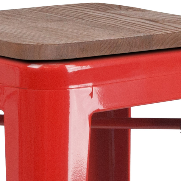 Lily 30" High Backless Red Metal Barstool with Square Wood Seat