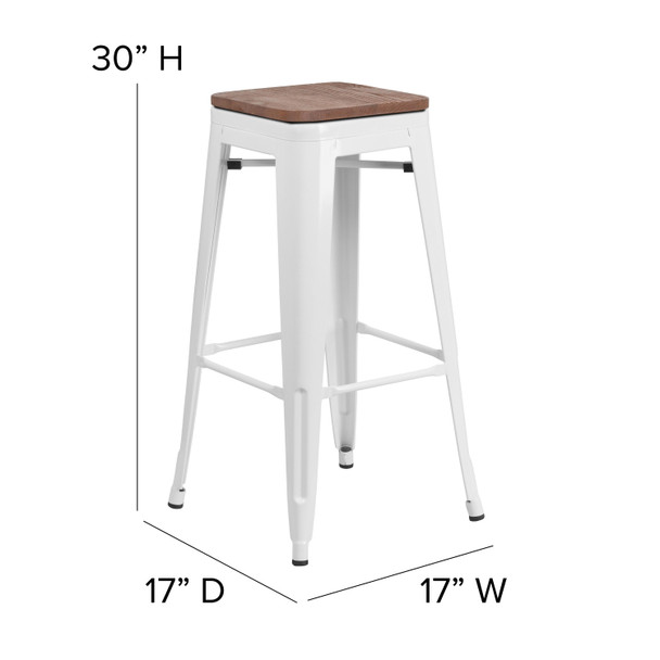 Lily 30" High Backless White Metal Barstool with Square Wood Seat