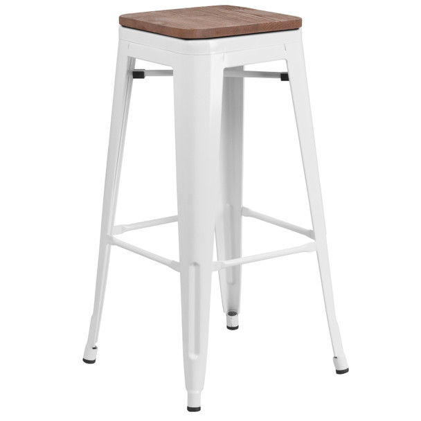 Lily 30" High Backless White Metal Barstool with Square Wood Seat