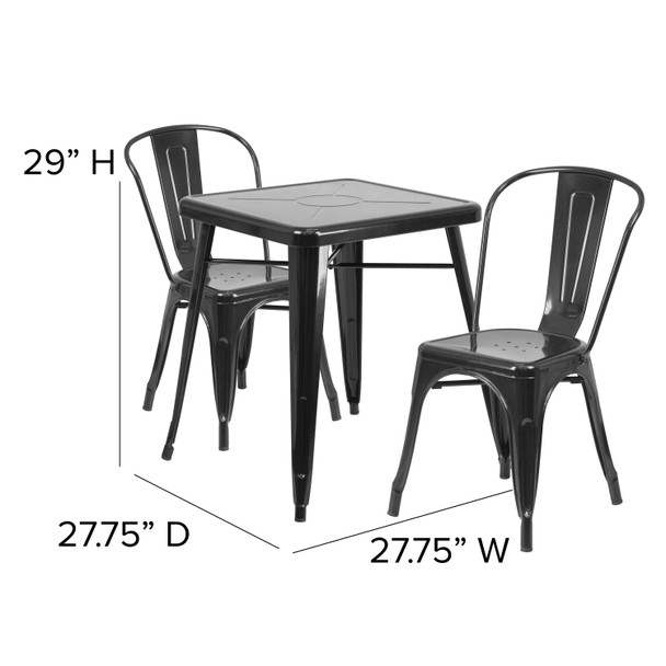 Owen Commercial Grade 23.75" Square Black Metal Indoor-Outdoor Table Set with 2 Stack Chairs
