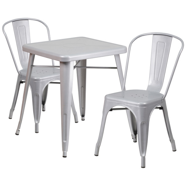 Owen Commercial Grade 23.75" Square Silver Metal Indoor-Outdoor Table Set with 2 Stack Chairs