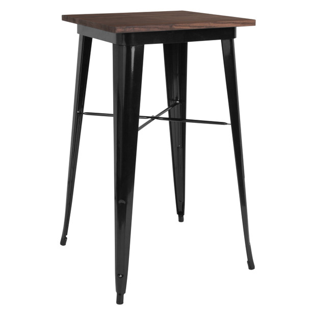 Prince 23.5" Square Black Metal Indoor Bar Height Table with Walnut Rustic Wood Top