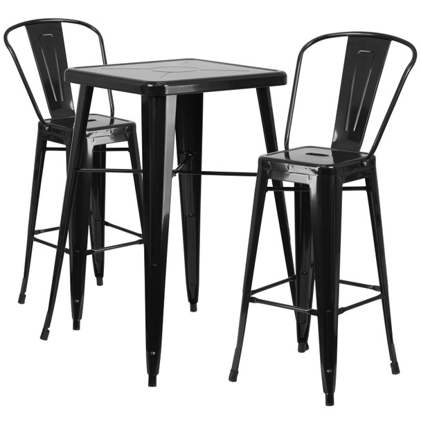 Gable Commercial Grade 23.75" Square Black Metal Indoor-Outdoor Bar Table Set with 2 Stools with Backs