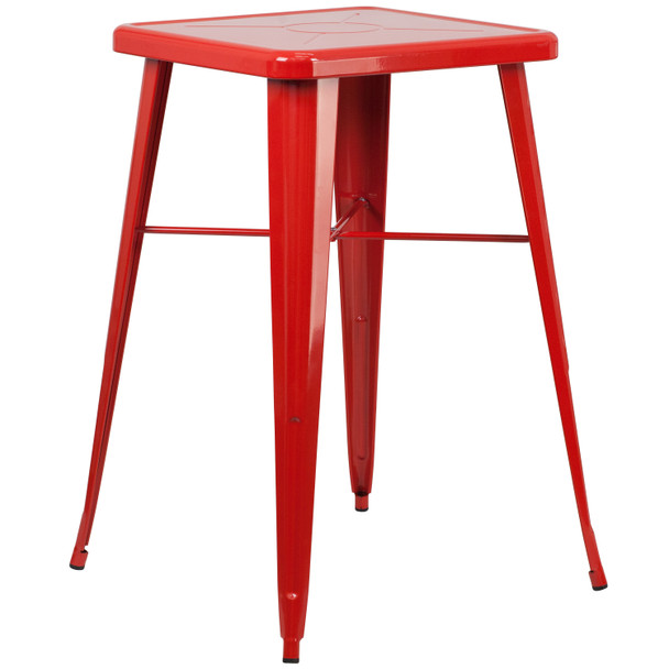 Gable Commercial Grade 23.75" Square Red Metal Indoor-Outdoor Bar Table Set with 2 Stools with Backs