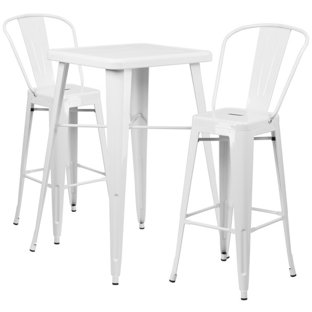 Gable Commercial Grade 23.75" Square White Metal Indoor-Outdoor Bar Table Set with 2 Stools with Backs