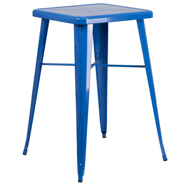 Stone Commercial Grade 23.75" Square Blue Metal Indoor-Outdoor Bar Table Set with 2 Square Seat Backless Stools