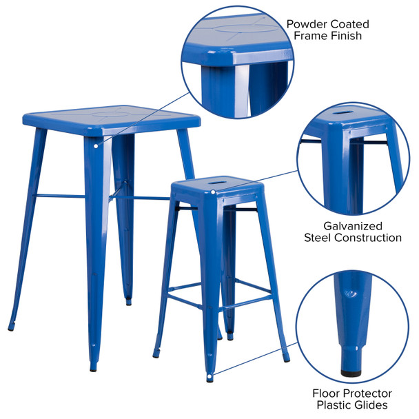 Stone Commercial Grade 23.75" Square Blue Metal Indoor-Outdoor Bar Table Set with 2 Square Seat Backless Stools