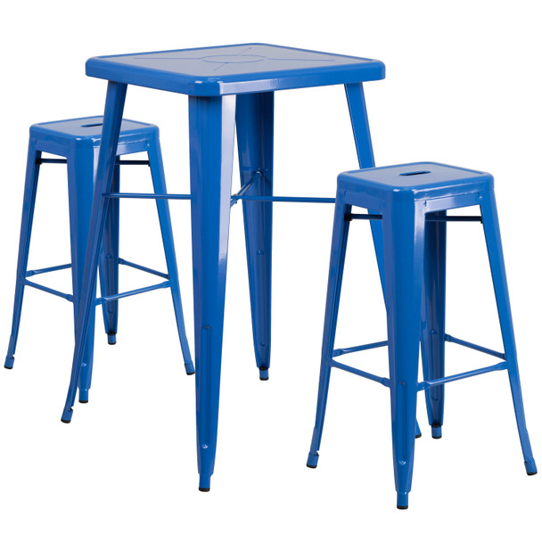 Stone Commercial Grade 23.75" Square Blue Metal Indoor-Outdoor Bar Table Set with 2 Square Seat Backless Stools