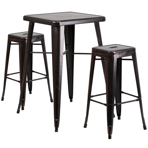 Stone Commercial Grade 23.75" Square Black-Antique Gold Metal Indoor-Outdoor Bar Table Set with 2 Square Seat Backless Stools