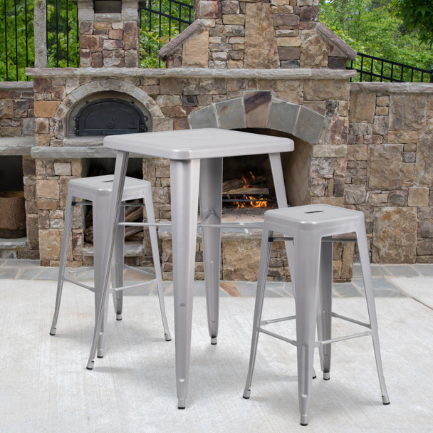 Stone Commercial Grade 23.75" Square Silver Metal Indoor-Outdoor Bar Table Set with 2 Square Seat Backless Stools