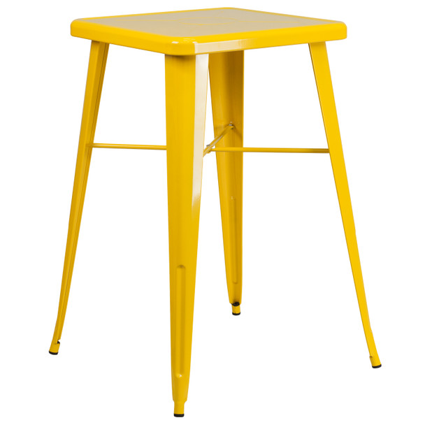 Stone Commercial Grade 23.75" Square Yellow Metal Indoor-Outdoor Bar Table Set with 2 Square Seat Backless Stools