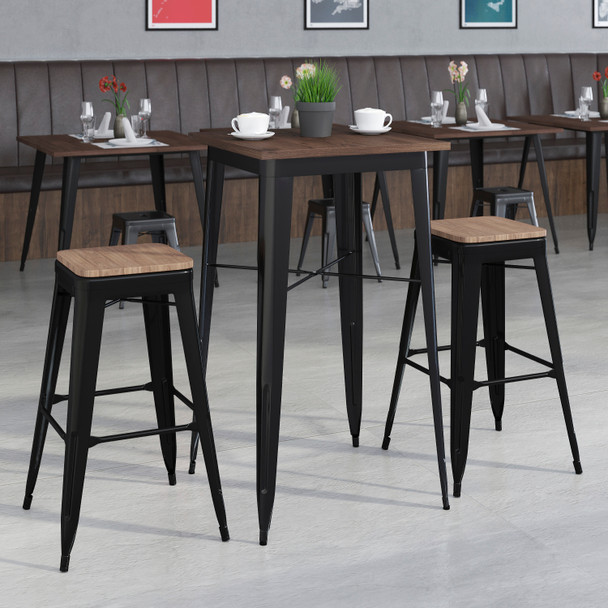 Bailey 23.5" Square Black Metal Bar Table Set with Wood Top and 2 Backless Stools