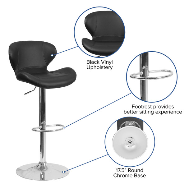 Francis Contemporary Black Vinyl Adjustable Height Barstool with Curved Back and Chrome Base