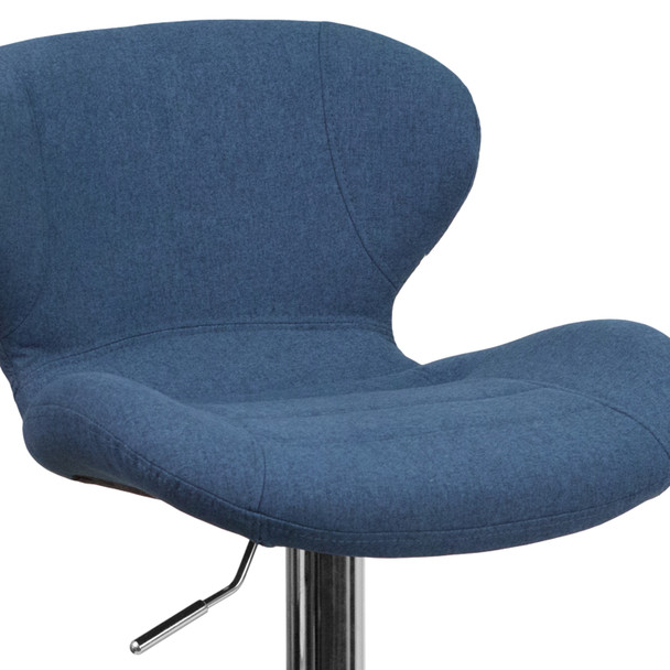 Francis Contemporary Blue Fabric Adjustable Height Barstool with Curved Back and Chrome Base
