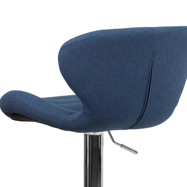 Francis Contemporary Blue Fabric Adjustable Height Barstool with Curved Back and Chrome Base