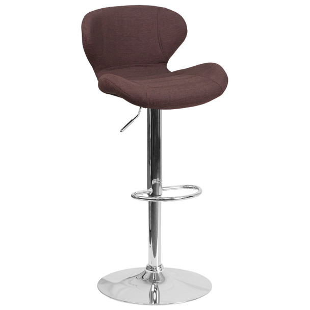 Contemporary Brown Fabric Adjustable Height Barstool with Curved Back and Chrome Base